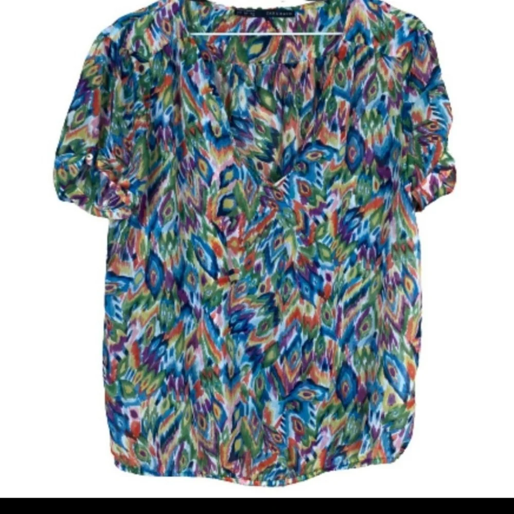 Zara Watercolour vneck Printed Short Sleeve Blouse Semi-Sheer - Picture 2 of 8